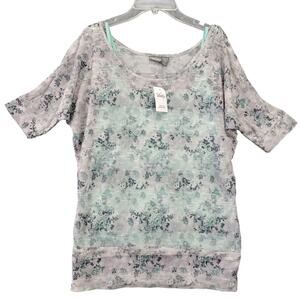 Vanity Gray Shirt Layered Tank Top NEW $26 Metallic Floral Short Sleeves Women M